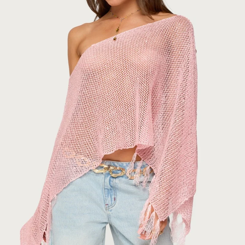 Häkelstrick-Badeanzug-Vertuschungen für Damen mit Quasten am Saum, lockere Passform, aushöhlen, durchsichtige, schulterfreie Strickpullover-Oberteile