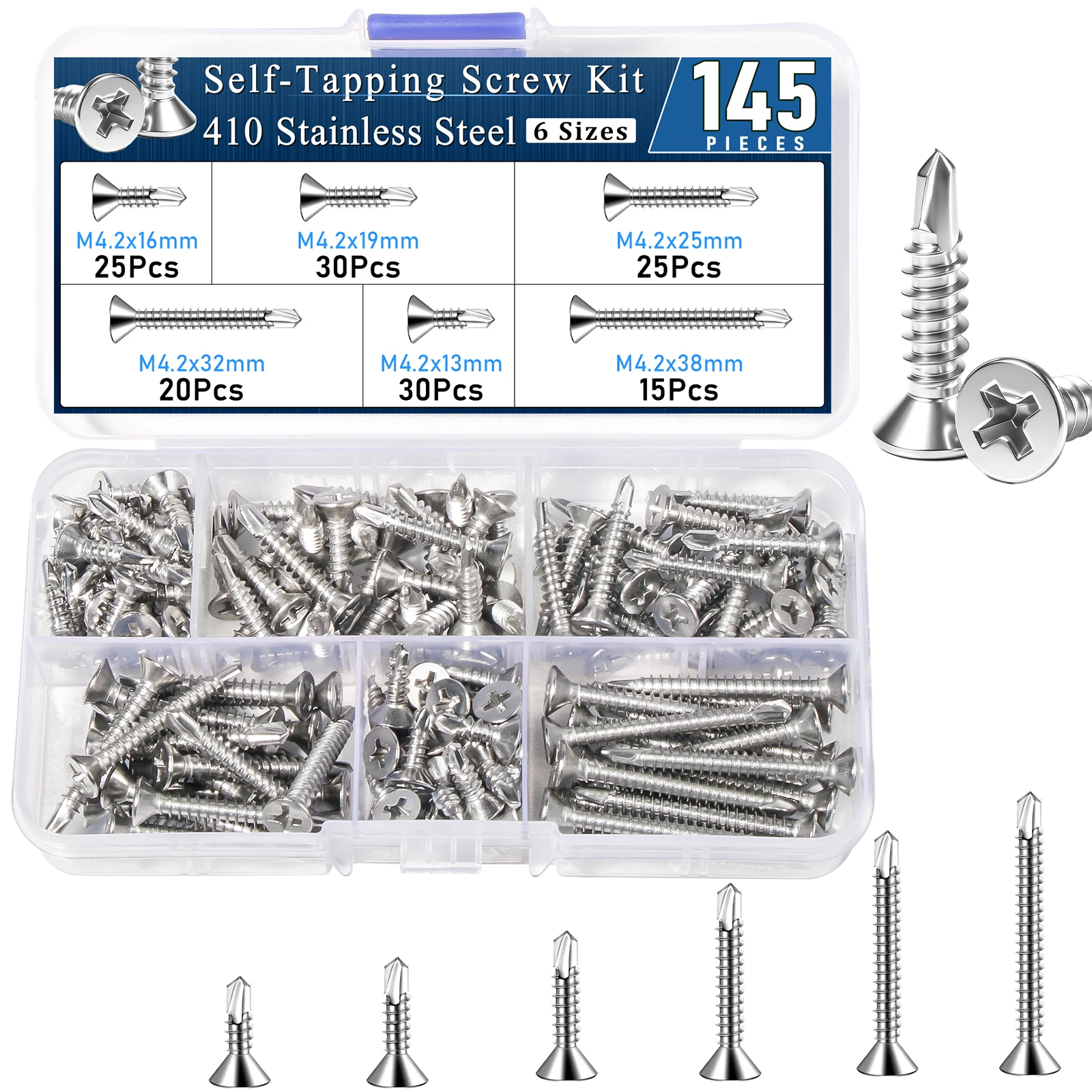

145pcs Metal Self-Tapping Screws，410 Stainless Steel Flat Phillips Head Self Drilling High-Strength Quick Self-Drilling Screws