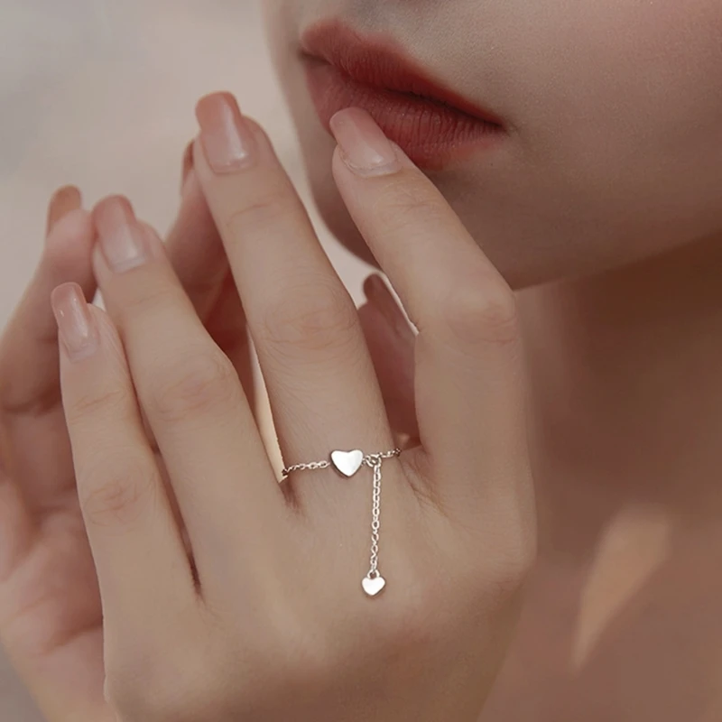 Simple Heart Tassel Adjustable Rings Silver Color Chain Pendant Ring Romantic Circle Rings Women Girls Finger Jewelry