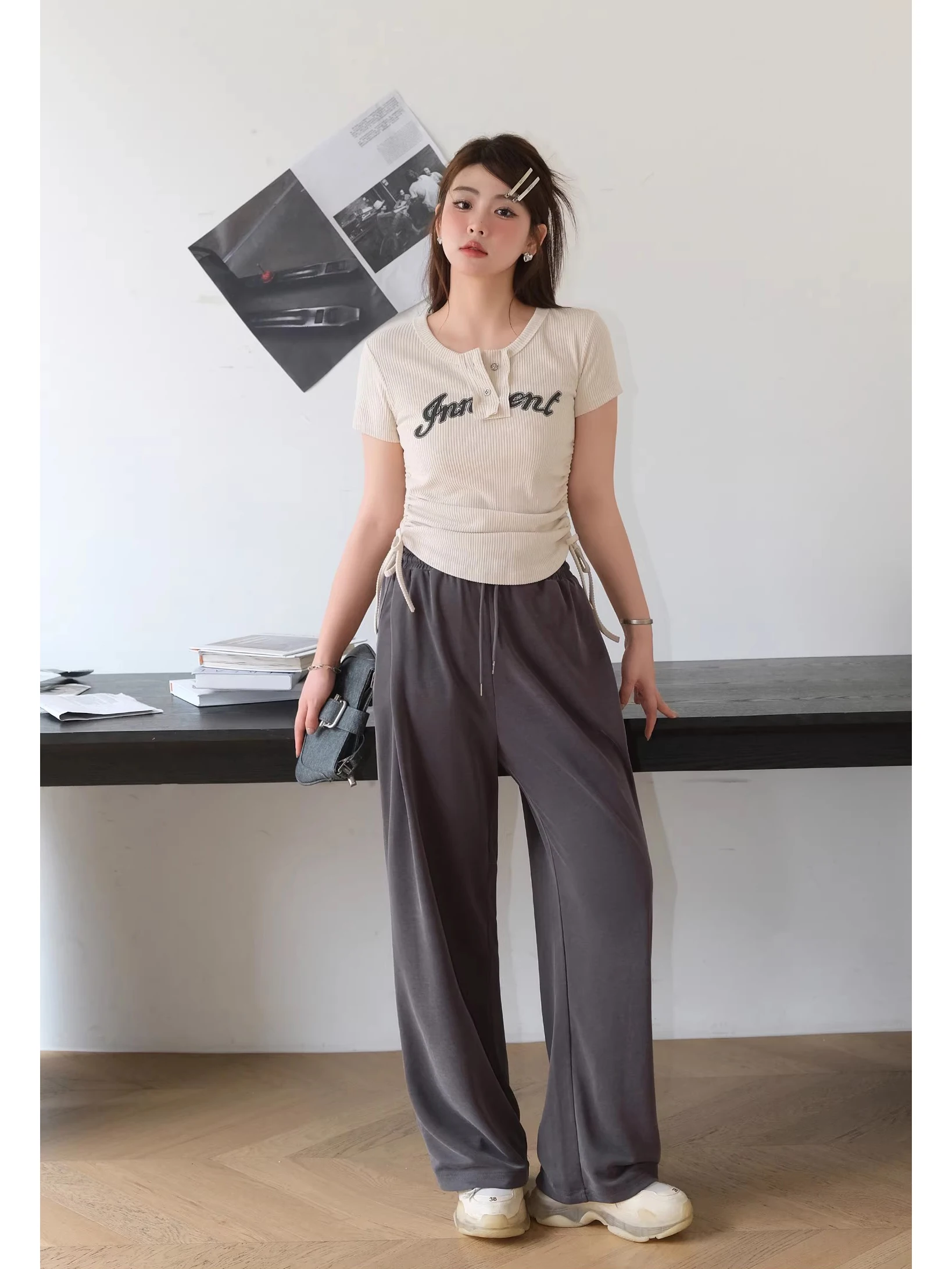 

Slim Fit Knitted Short Sleeve T-Shirt Women's Summer Casual Drawstring Top Pure Desire Style Big Size plus Size MM Casual Lei...