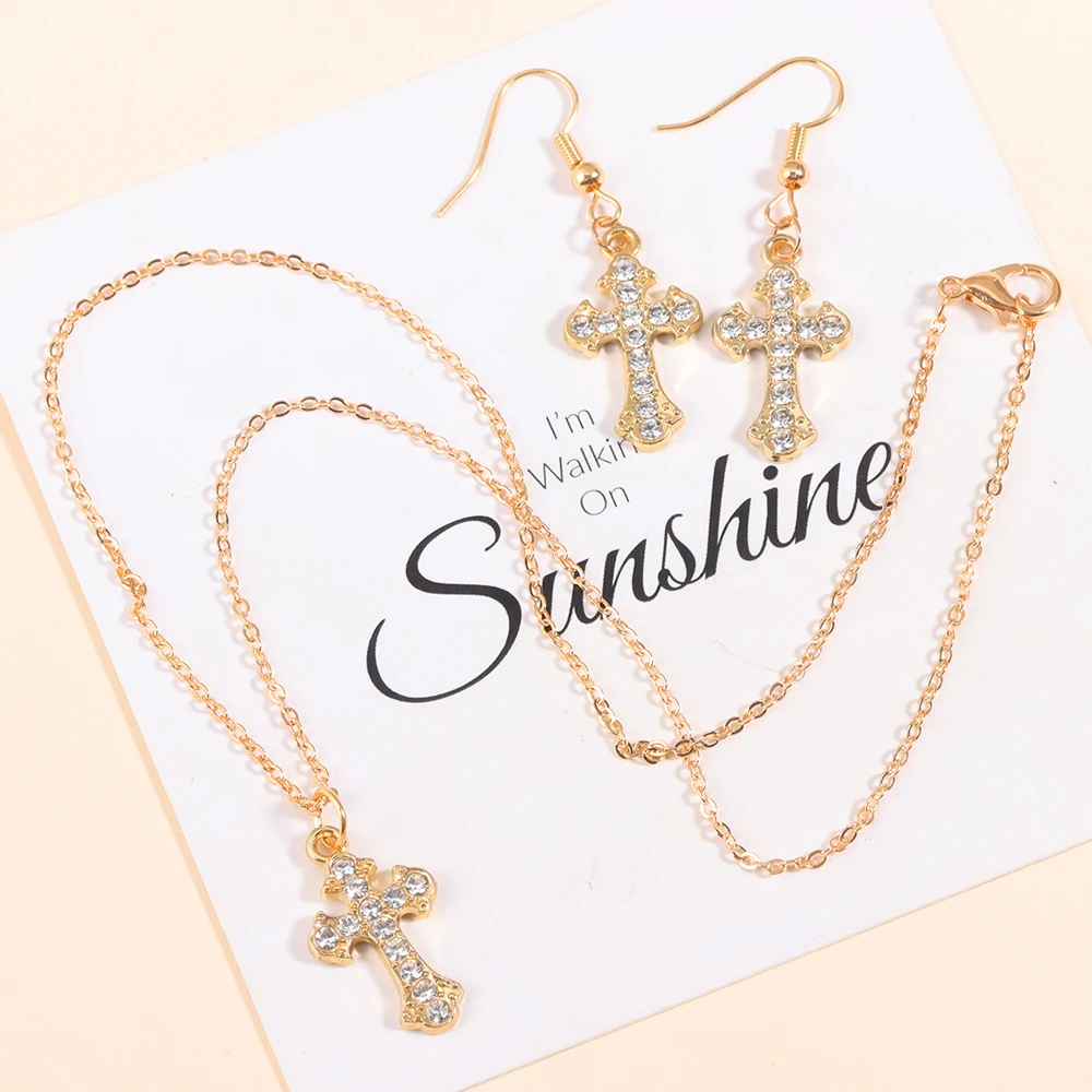 Fashion Rhinestones Cross Charms Necklace Earrings Jewelry Set Trend Personality Pearl Crucifix Jewelry For Friend Gifts