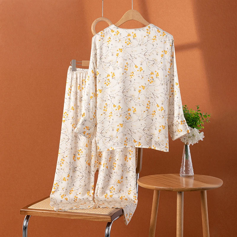 Chinese Print Heavyweight Silk Pajamas Set 100% Mulberry Silk Knot Button Loungewear Women Long Pants Sleepwear Suit