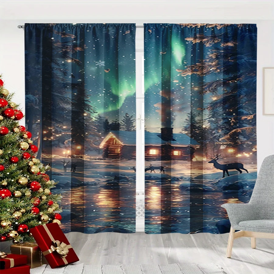 2PCS Digital Print Curtain, Aurora Borealis over Snowy Cabin with Deer and Lake Reflection, Winter Night, for Window Home Decor