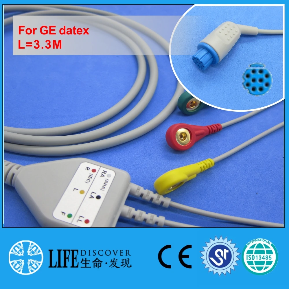 one piece ECG cable with 3 snap lead wires for GE datex patient monitor