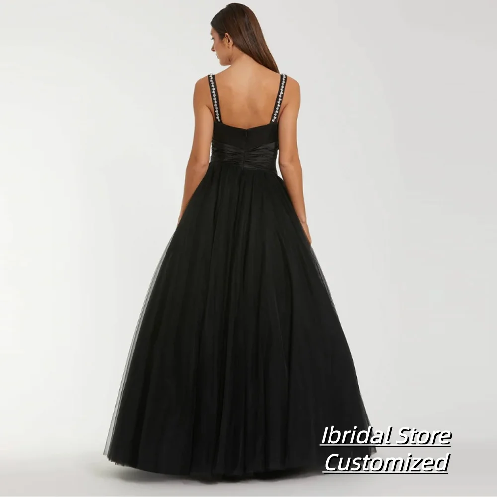 맞춤형 스파게티 스트랩 크리스탈 블랙 새틴 주름 드레스 이브닝 드레스 파티 프롬 가운 정장 드레스