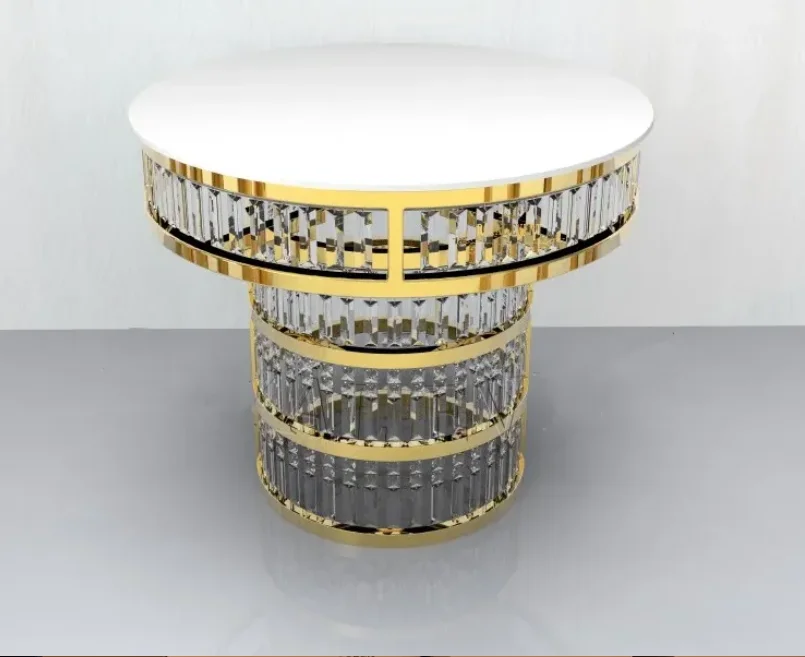 High end wedding furniture, stainless steel glossy gold wedding circular cake table with crystal table, stage birthday party cr