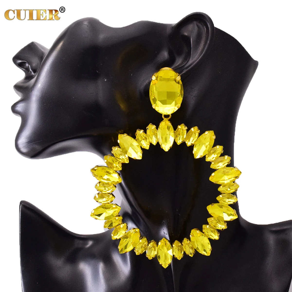 CUIER Yellow Rhinestone Oversize Drop Statement Earring for Women Big size Jewelry for Wedding