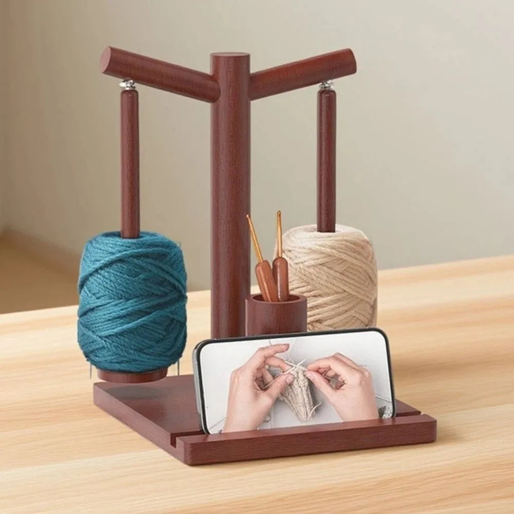 Large Wooden Yarn Holder DIY Handmade Magnetic Thread Spool with Phone Holder with 2 Axle Rotating Yarn Spinner for Sewing