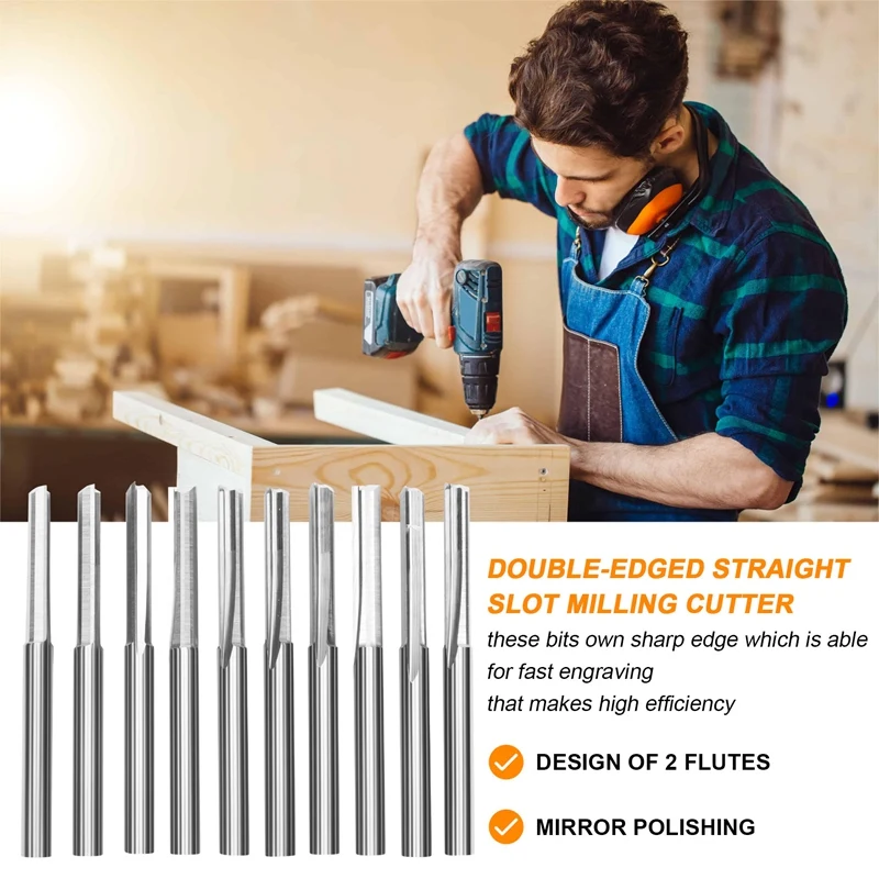 Fraise en acier au tungstène à fente droite, mèches de routeur CNC à 2 cannelures, 3.175mm, bois, plastique Marin, 10 pièces