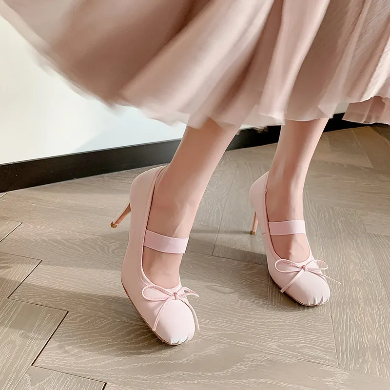 MKKHOU Fashion Pumps New High Quality True Leather Round Head Ballet High Heels Sweet Style Bow Mary Janes Women's Shoes