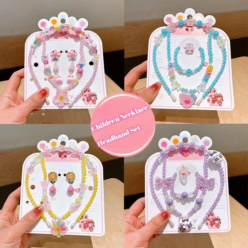 3pcs Children Necklace Headband Set Bracelet Cartoon Party Birthday Gift Baby Girl Earring Princess Headwear Kids Accessories