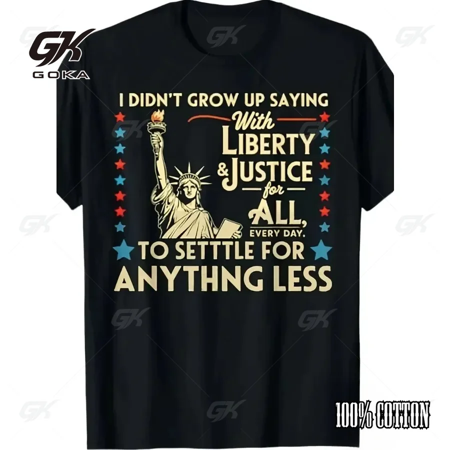 Liberty & Justice For All Statue of Liberty Graphic T-Shirt, Men/Women Black Patriotic Tee American Pride Quote Short Sleeve Top