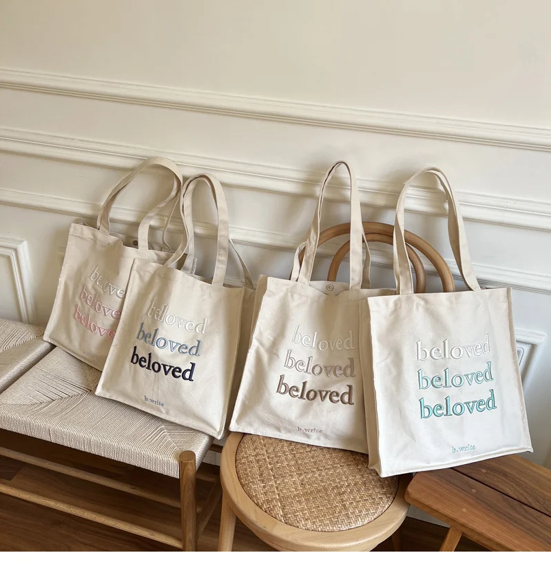 

Commuting bag with embroidered letters, canvas bag, large-capacity canvas tote, student school bag, tote bag