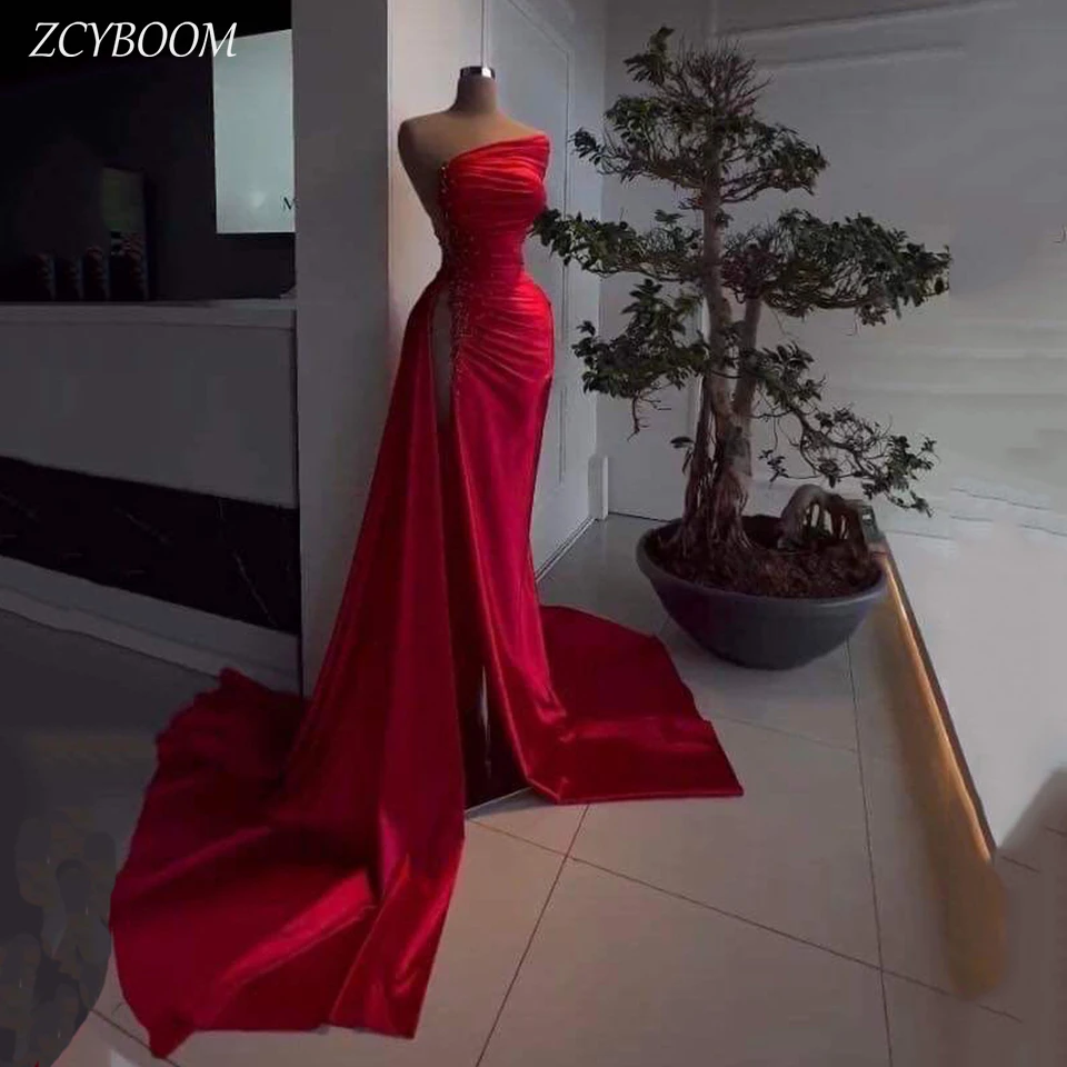 

Charming Red One-Shoulder Pearls Side Slit Evening Dress 2024 Mermaid Floor Length Sweep Train Zipper Custom Made rom Dress