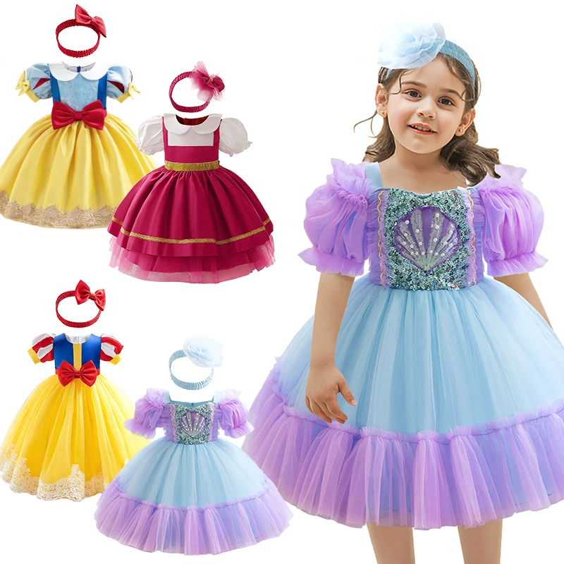 New Halloween Cosplay Kids Snow White Mermaid Maid Costume Christmas Baby Girl Fairy Princess Dress Luxury Elegant Party Dresses