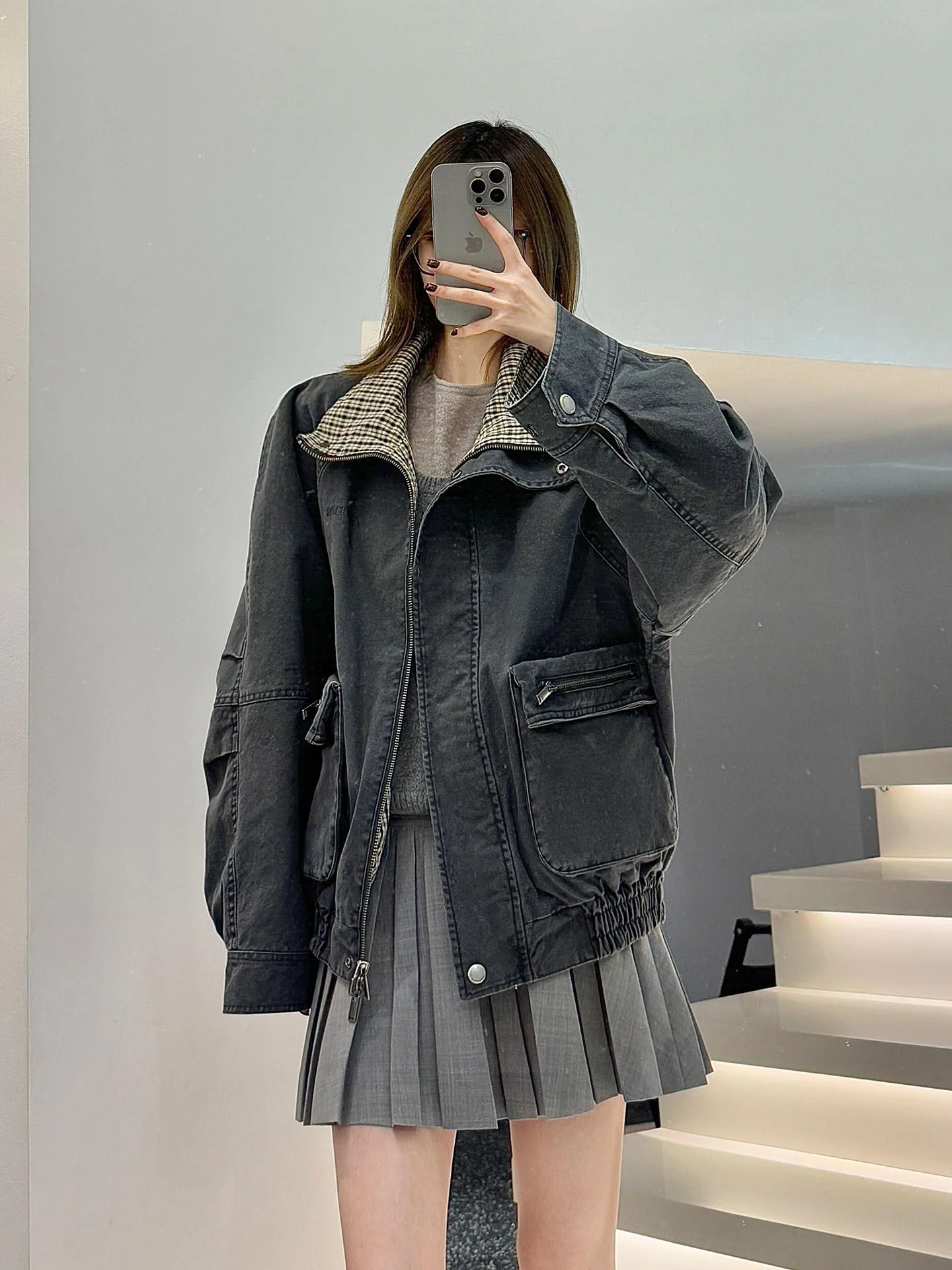 

Retro Collar ort Double-Sided Wear Loose Bla Denim Workwear Jaet for Women Spring 2026 Faion Casual Outerwear