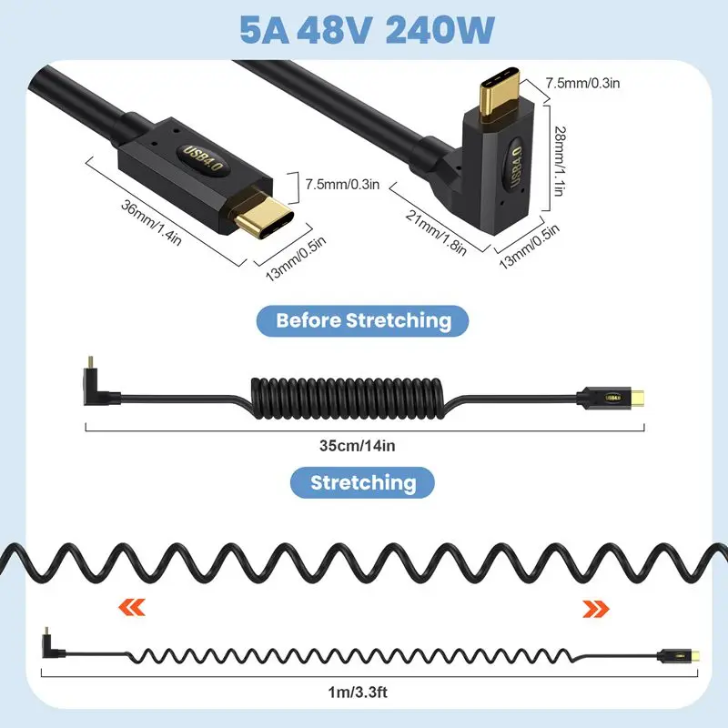 1.2m Spring Telescopic USB 4.0 Dual Male Type-C Data Line Lightning Notebook 40Gbps High Speed Transmission Coaxial PD Line