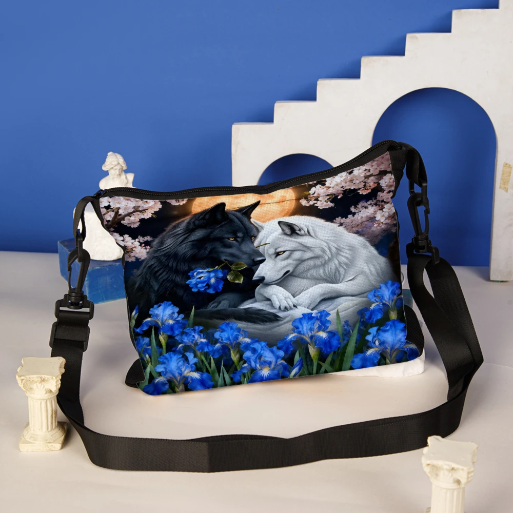 1pc Wolf Couple Floral Print Crossbody Bag Black Shoulder Bags For Women Outdoor Travel Daily Use Fashion Handbag Messenger Bag