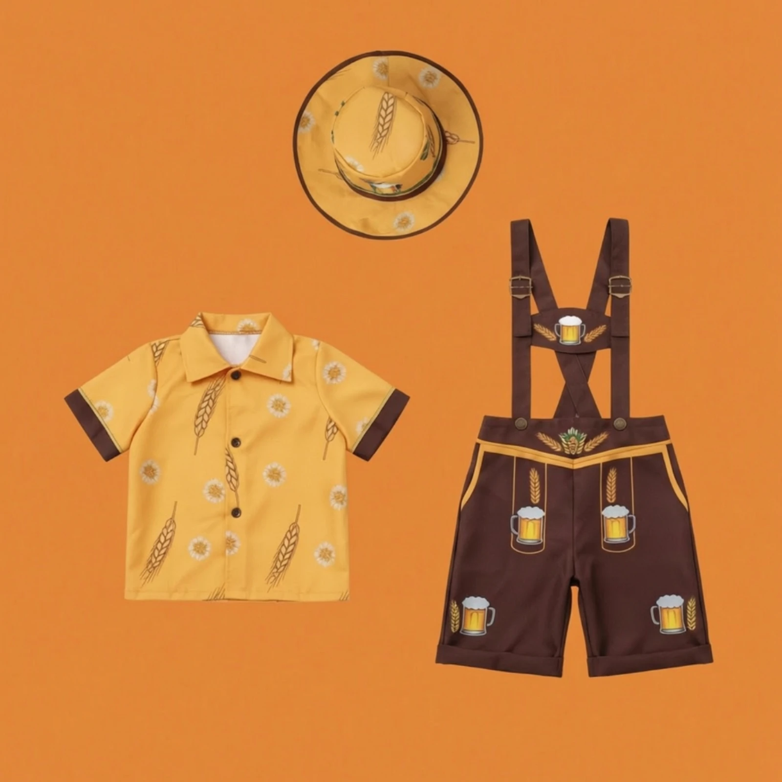 German Costume with Hat Traditional Bavarian Festival Costume Lederhosen Outfit Short-Sleeve Lederhosen with Suspenders Festival