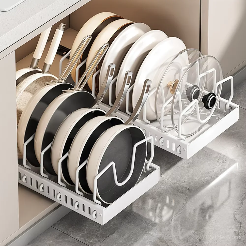 Pull out Pots and Pans Organizer Sliding Pot Lid Holder Kitchen Spice Rack Tableware Organizer Multifunctional Dish Drying Racks