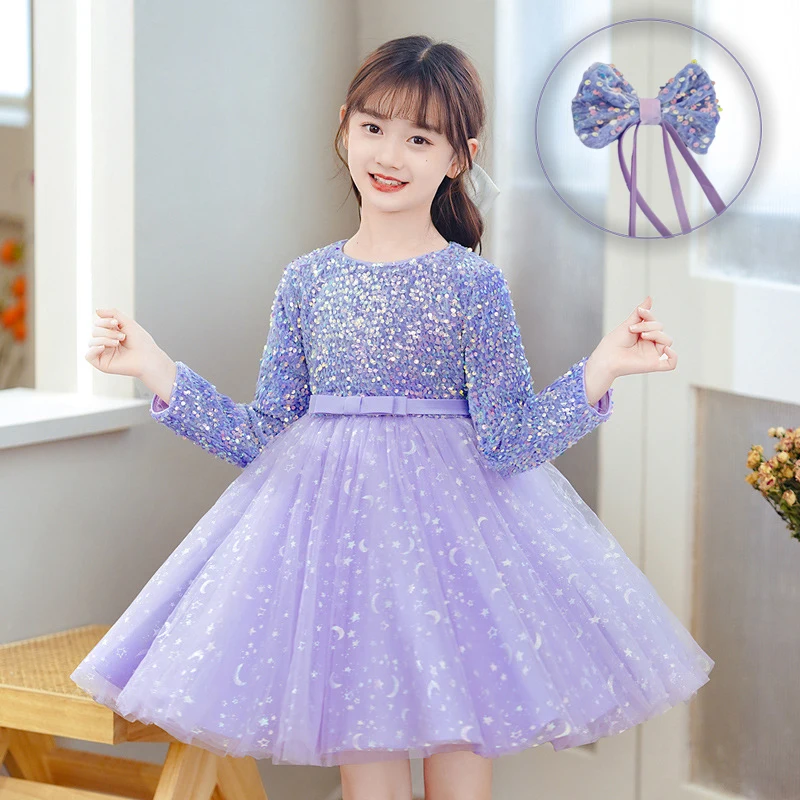 Vestido lila de terciopelo con lentejuelas para niña, vestido de fiesta de cumpleaños, ceremonias, Luna y estrellas, vestido de fiesta de princesa de tul para 1-14 años hasta la rodilla