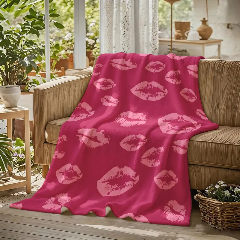 Pink Lip Prints Flannel Blanket Perfect for Sofa Office Bed Travel Sleep Read Relax Camping Four Season Use