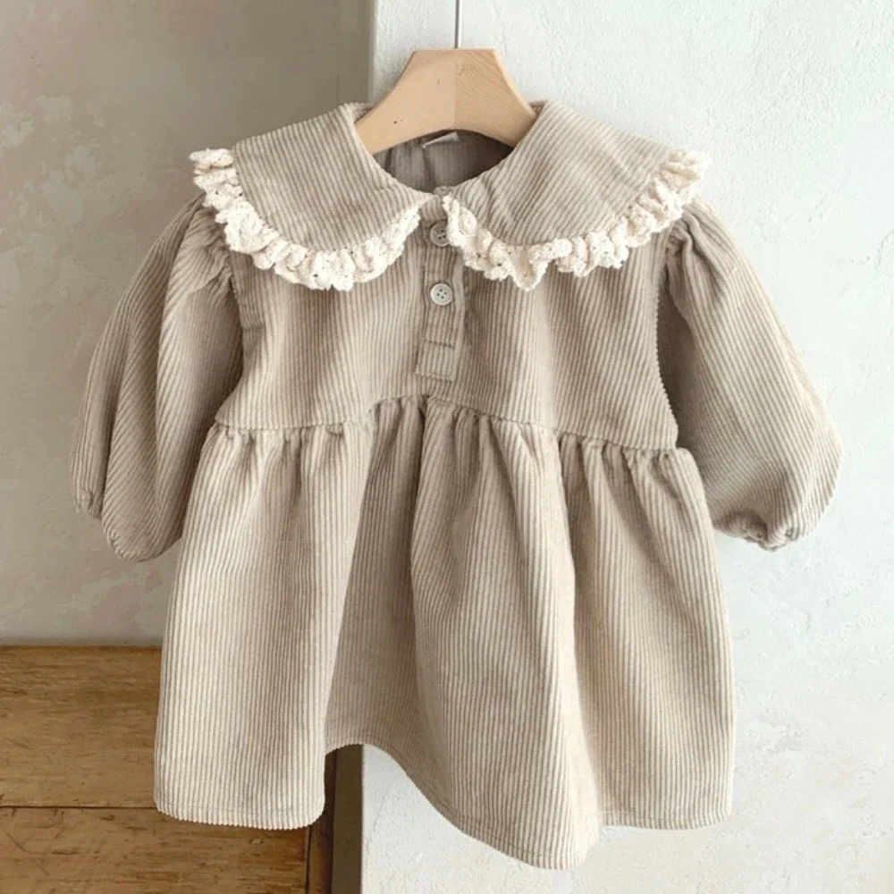 Robe en velours côtelé à manches longues pour tout-petits, col claudine, filles, enfants, printemps