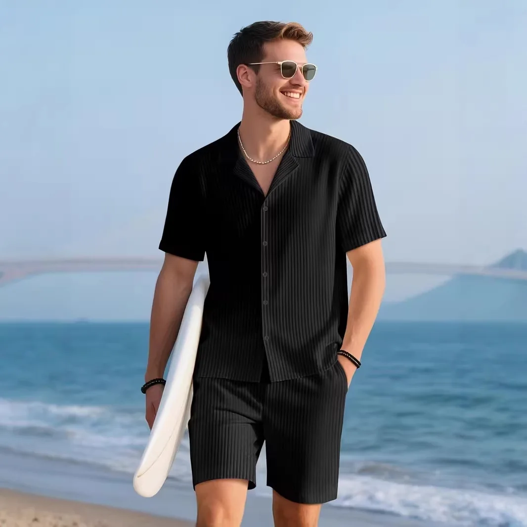 

New European & American Style Summer Men's Shirt Set, Casual Loose Short Sleeve Shirt & Shorts Beach Outfit, 2-Piece Men's Suit