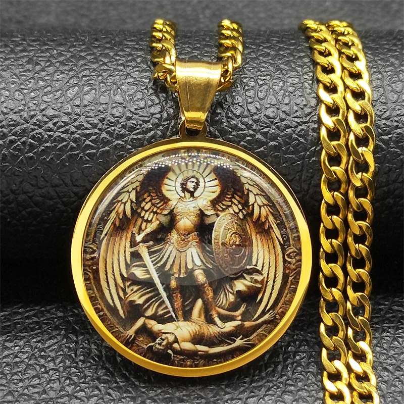 SAINT MICHAEL PROTECT US Archangel Stainless Steel Round Glass Medal Pendant Necklace for Women Men Gold Color Chain Jewelry view 3