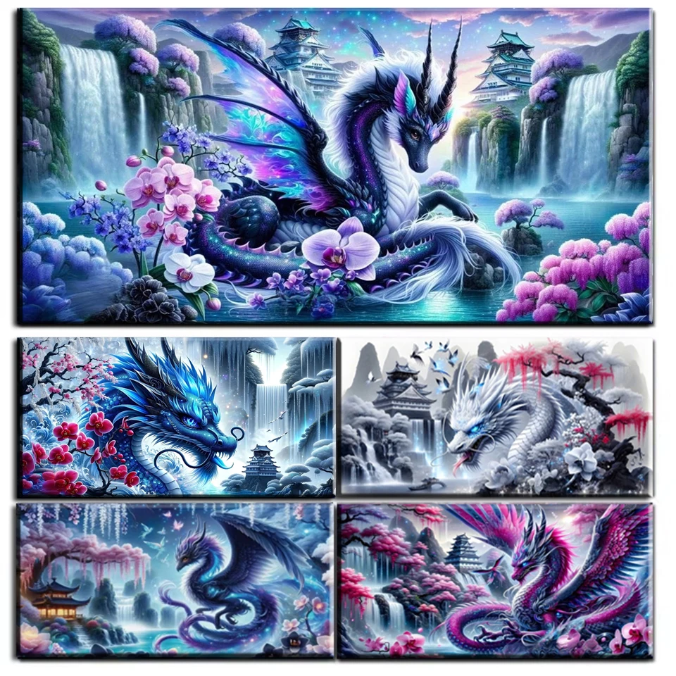 Vibrant Dragon Orchid Flower Waterfall Landscape 5D DIY Diamond Painting Jewelry Cross Stitch Kits Diamond Art Mosaic Big Size