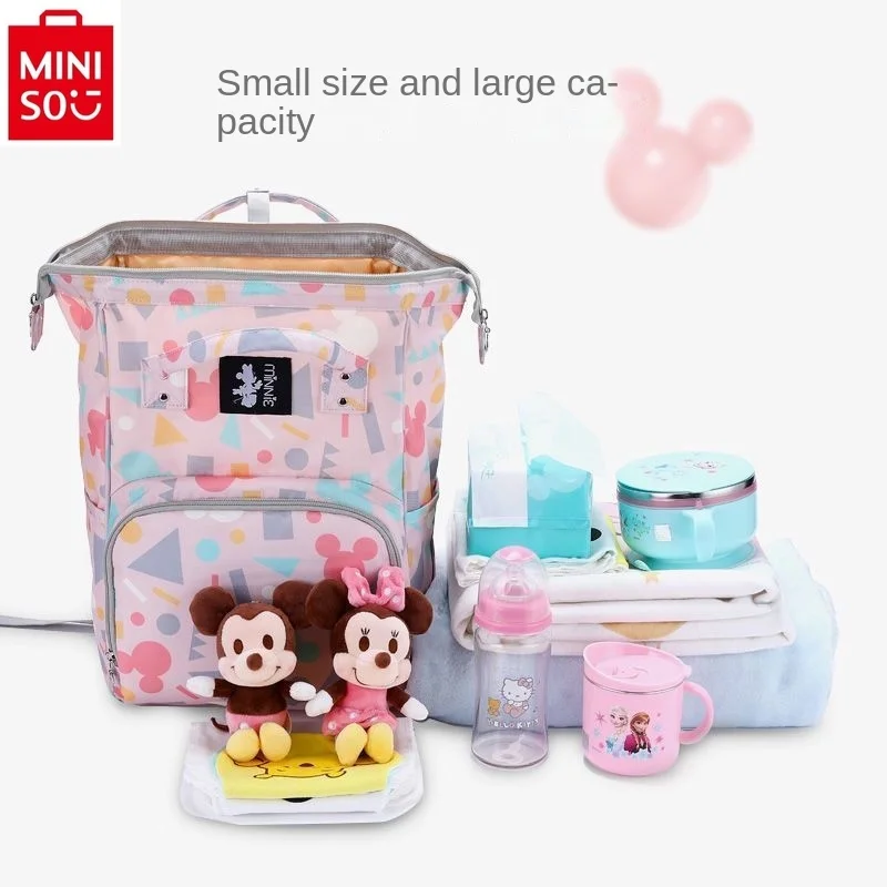 MINISO tas ibu dan bayi, Mickey Disney Multi fungsi, kapasitas besar, portabel bahu, tas ibu dan ibu modis