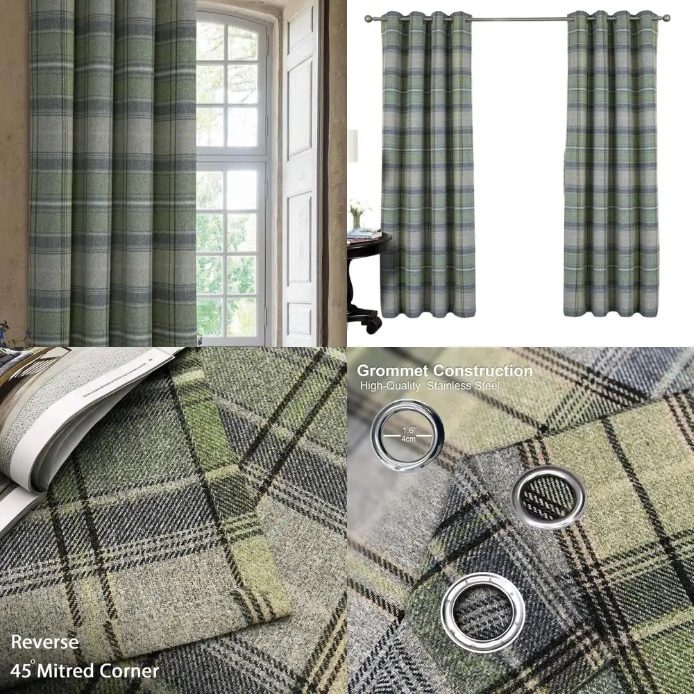 

Green Plaid Wool-Look Curtains, Modern 2-Panel Set for Living Room or Bedroom, 54x95 Inches