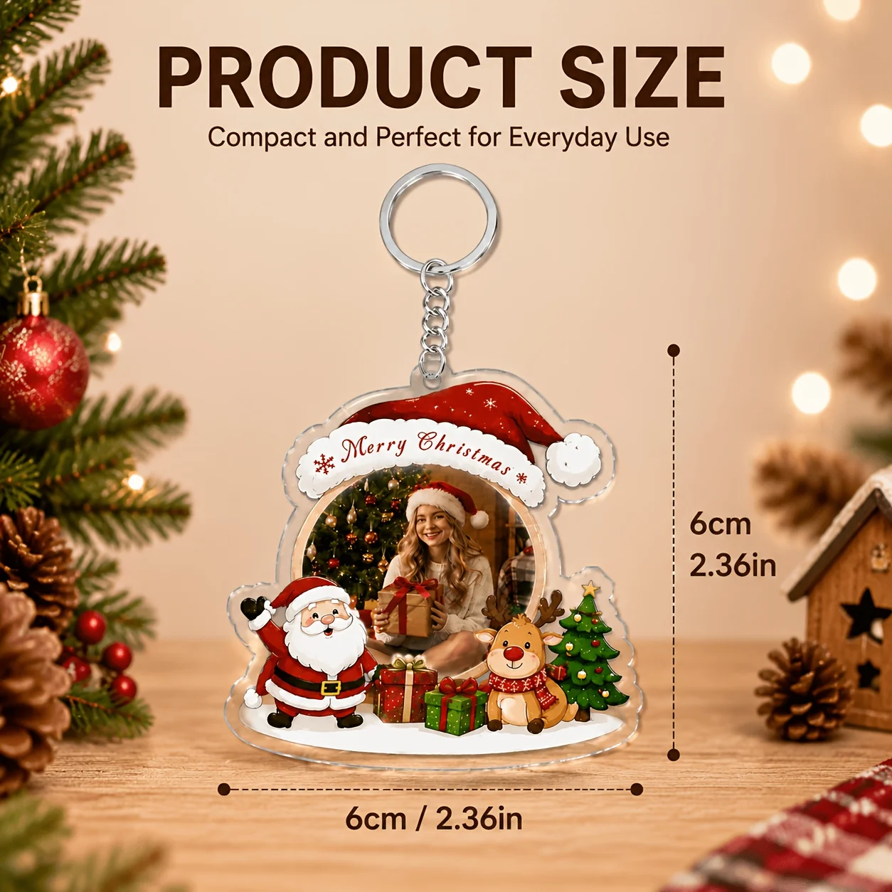 1PC Personalized Christmas Acrylic Keychain Custom Photo Double Sided 3mm Santa Hat Key Ring Holiday Gift for Family Friends