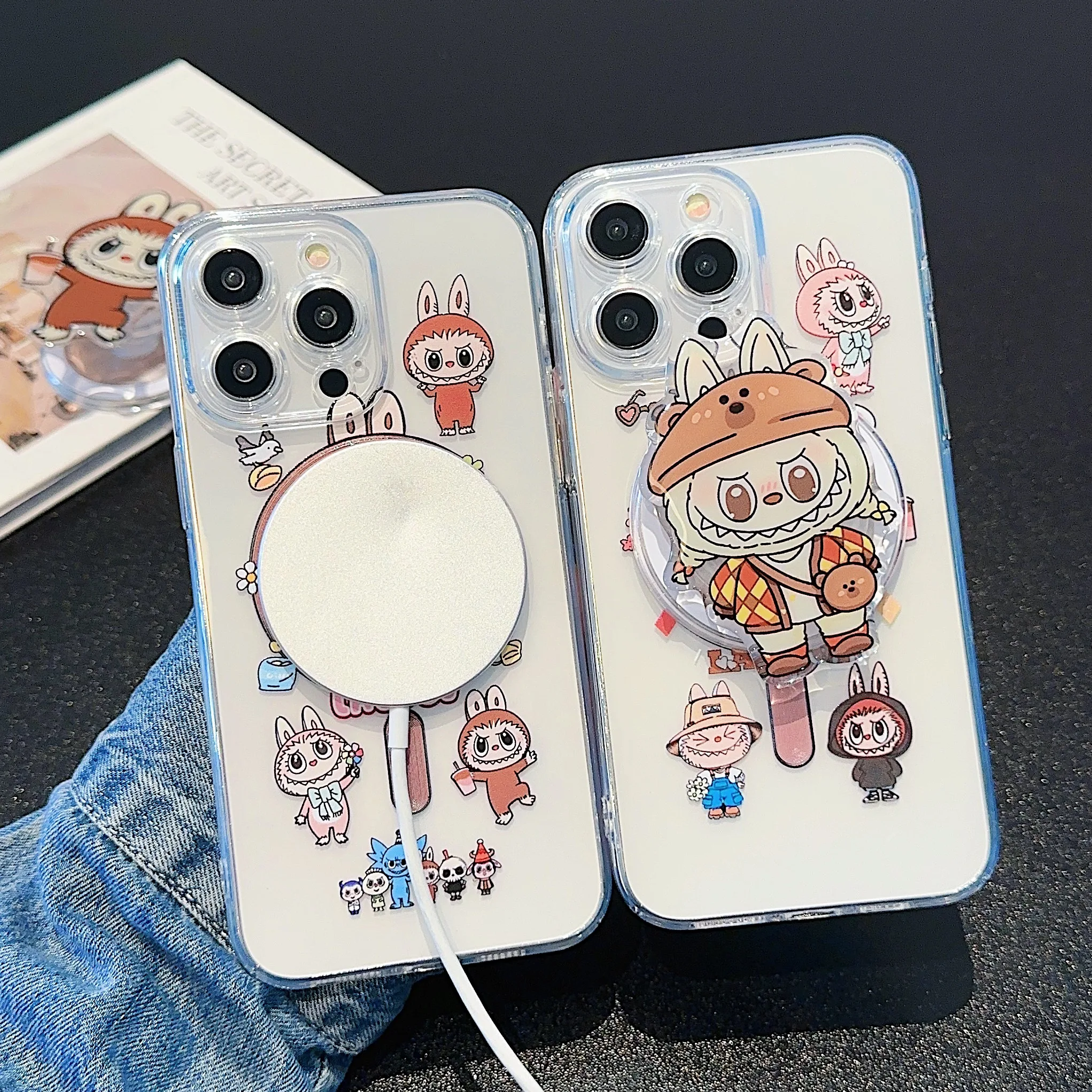 Cartoon Cute Labubus for Magsafe Magnetic Bracket Phone Case For iPhone 16 15 14 13 12 11 Pro Max Clear Soft Back Cover Funda