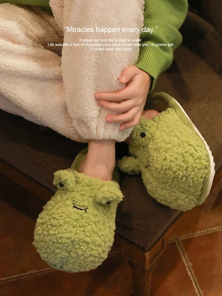 Cute Frog Plush Slippers Women 2022 Winter Cartoon Home Indoor Thermal Cotton Slippers Couple Animal Home Slippers