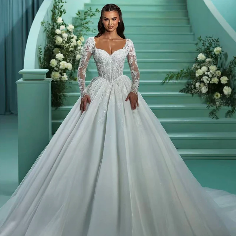 

Charming Weddingdress Organza With Embroidery Bead Ball Gown Sweetheart V-Neck Fullsleeve Customized Bridedress Vestido De Novia