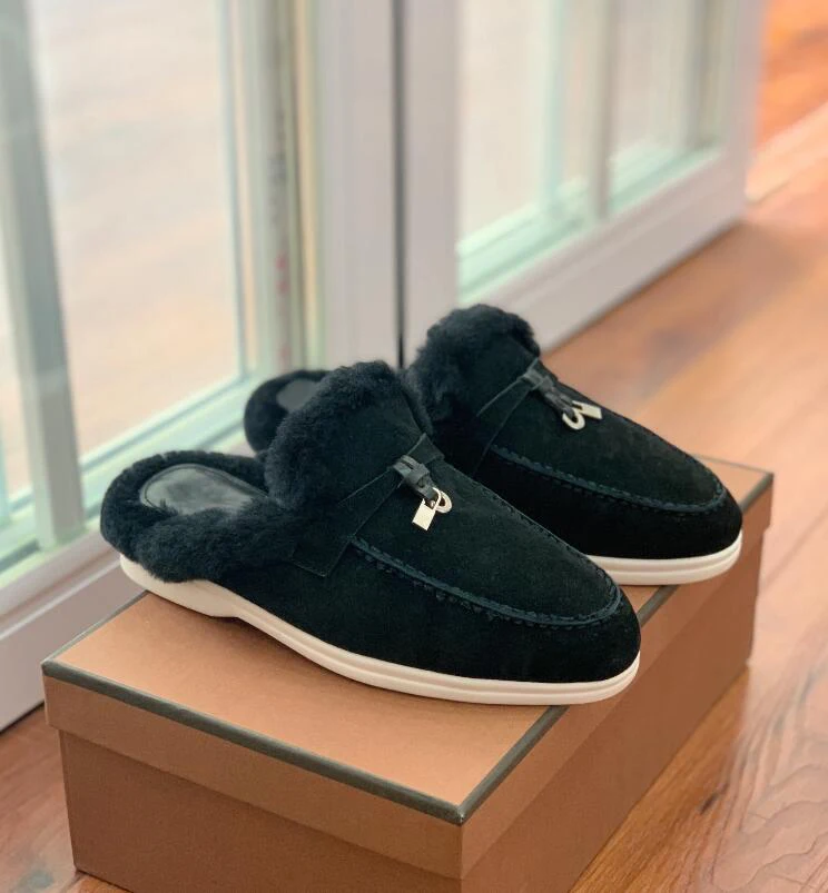 Metal Lock Half Slippers Women Sheepskin Suede Wool Warm Autumn Winter Slip on Women Mules Round Toe Casual Slides Women Shoe