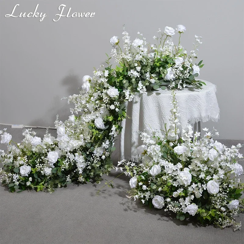 White Green Artificial long Runner Flower Row Wedding Decoration Table Centerpiece Flower Ball High Floor Flower Row Party Decor