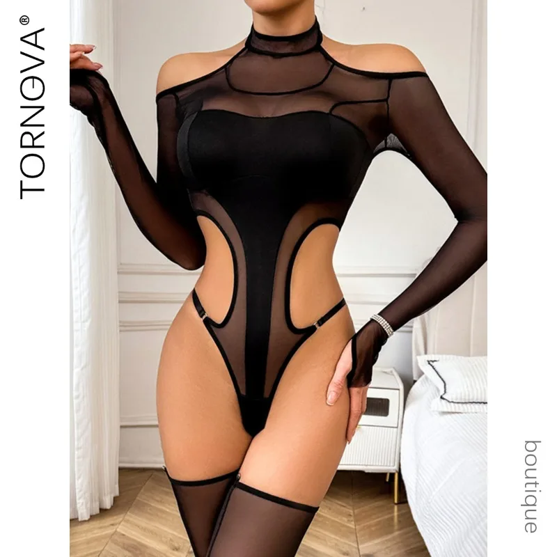 

Tornova Кружевной сексуальный цельный костюм с лямкой на шее, обтягивающий прозрачный ажурный однотонный черный шелковый женский интересный эротический частный комплект