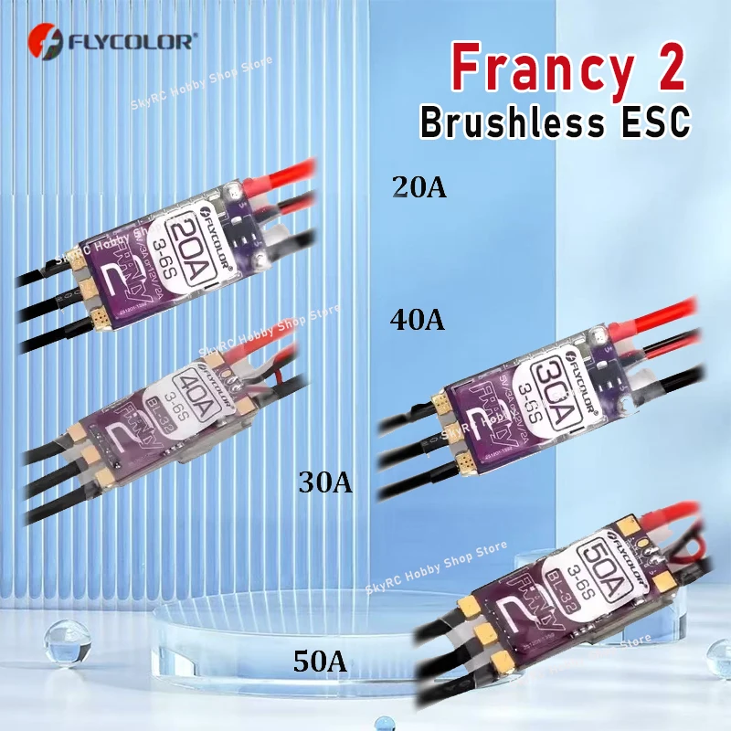 

FLYCOLOR Francy 2 Бесщеточный ESC 20A 30A 40A 50A BLHELI-32 Dshot Высокопроизводительный MCU 5 В/3 А 12 В/2 А BEC Регулируемый для радиоуправляемого самолета