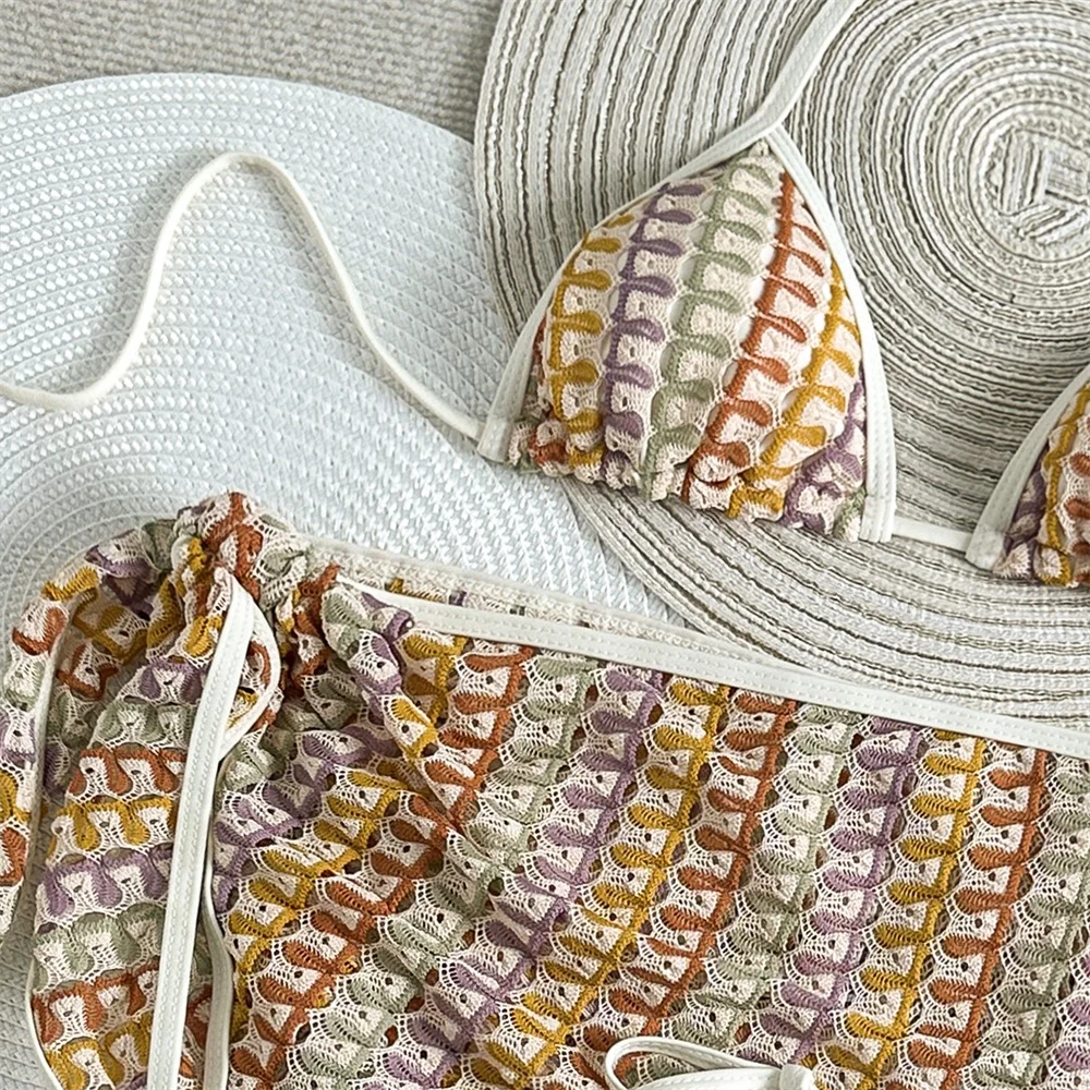 التباين اللون بيكيني شبكة الكروشيه ضمادة التستر مايكرو سلسلة الدانتيل متابعة ملابس السباحة عارية الذراعين النساء 3 قطعة عطلة الشاطئ ملابس السباحة #4