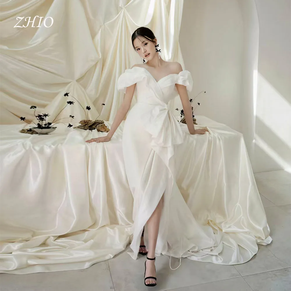ZHIO Modern Pleat Wedding Party Dress Off Shoulder Evening Dresses Ivory Satin Korea Photo Shoot Bridal Gown Custom 웨딩드레스