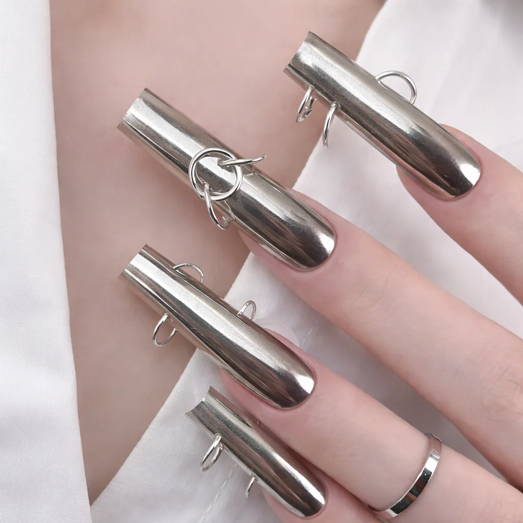 Mixed Size Silver Metal Nail Piercing Rings 6 Grids Punk Circle Hoop Charms 3D Alloy Y2K Nail Art Manicure Decor Accessories
