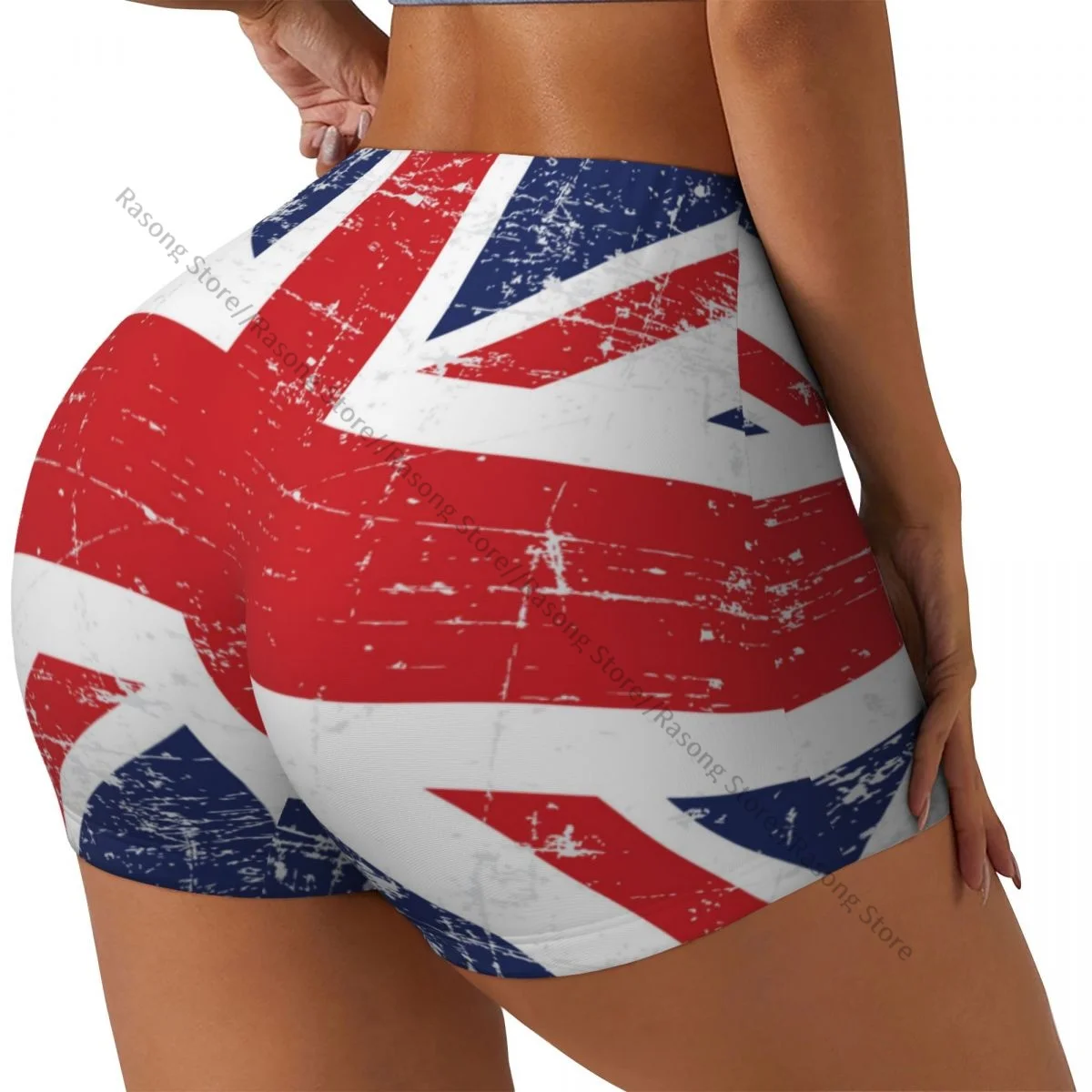 Women High Waist Stretch Sports Shorts Union Jack British Flag Yoga Shorts Fitness Gym Running Workout Short Pants