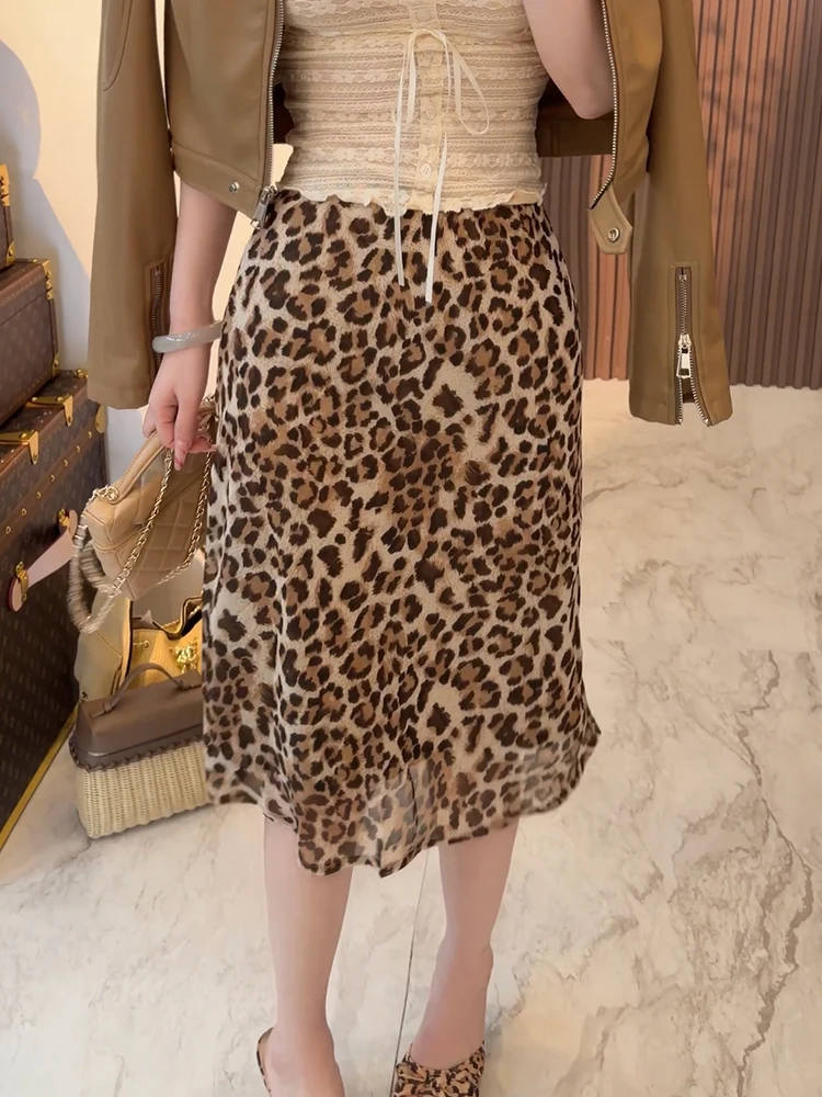 

Юбка-трапеция с леопардовым принтом из шифона, женская, с завязками на шее, сексуальная, модная, летняя 2026, с завышенной талией, из полиэфирного волокна