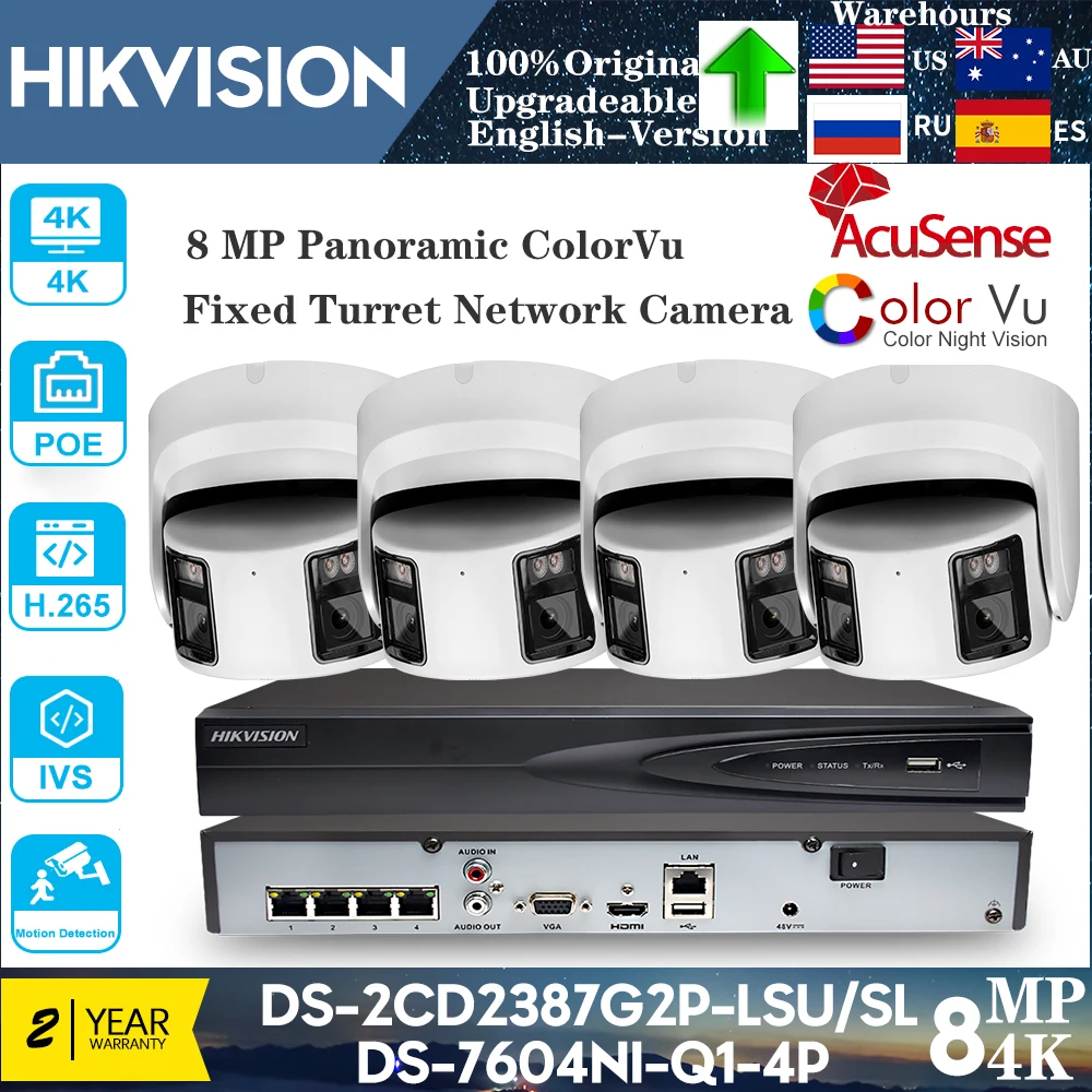 HIKVISION Panoramic 8MP IP Camera DS-2CD2387G2P-LSU/SL ColorVu Built-In Mic DS-7604NI-Q1-4P 4CH Speaker Security Network Camera