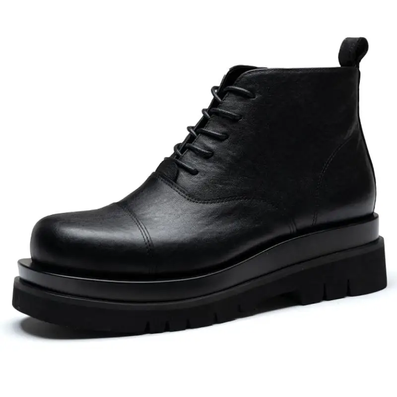 

New Genuine Leather Boots Men Fashion Platform Increase Height Ankle Boots British Trends Mens Daily Casual Work Boots