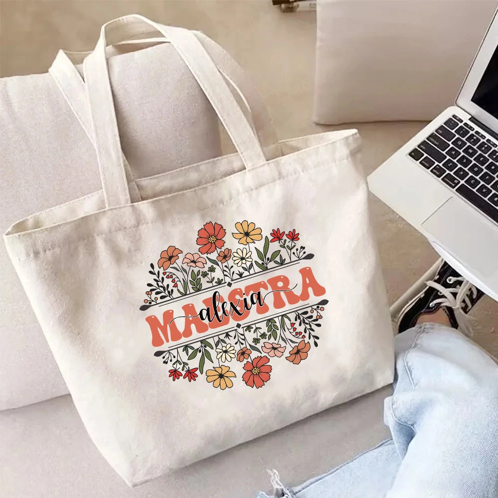 Personalize MAESTRA&Flower Print Tote Bag Large Capacity Portable Canvas Handbag Teacher Commut Tote Package Best Teacher Gift