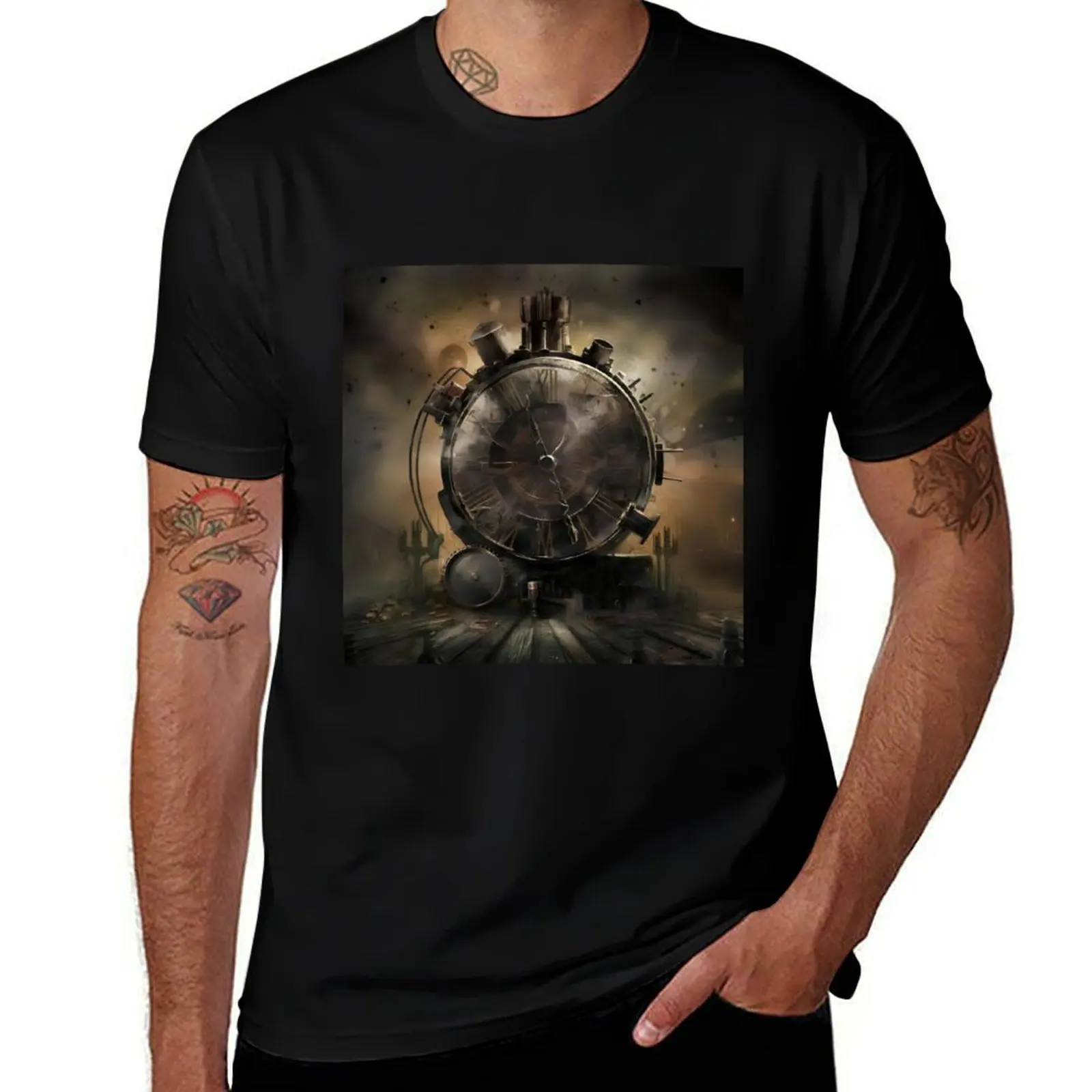 

Steampunk clock in postapo world T-Shirt t shirt custom print anime t shirts for man cotton t shirts high quality T-shirt