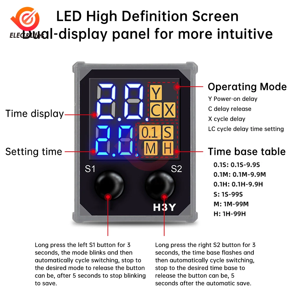 H3Y-2 DC 12V 24V AC 220V Small Adjustable Time Relay LCD Digital Display Cycle Time Control Delay Device With Base